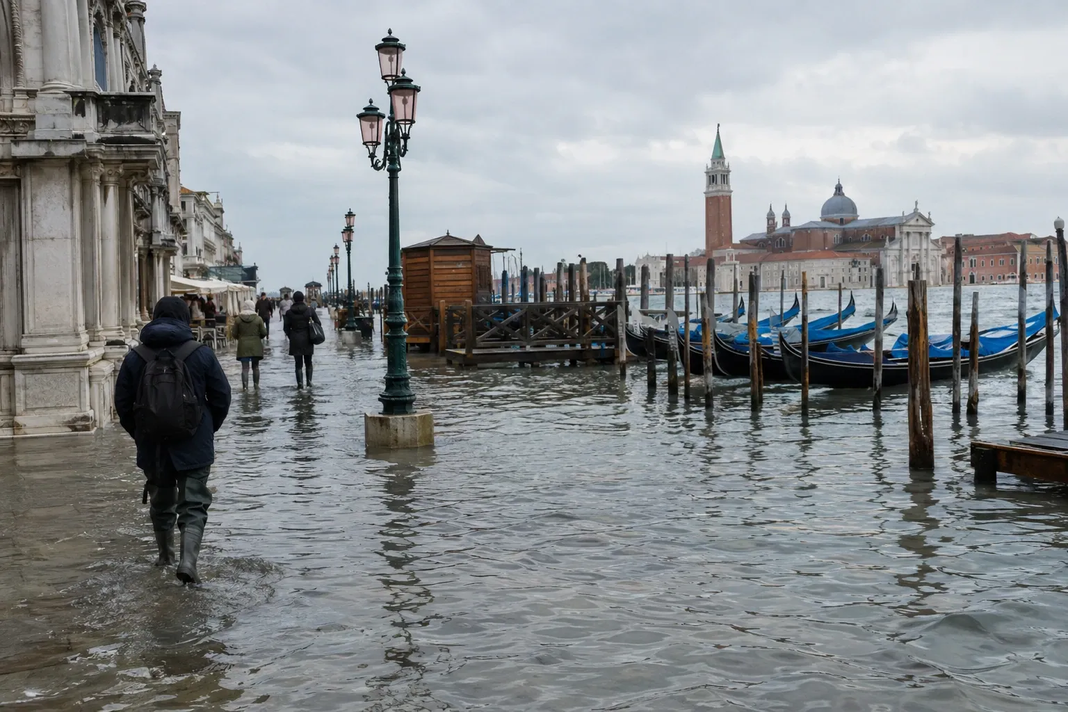 Persone con stivali che camminano su passerella allagata lungo bacino San Marco, gondole galleggianti
