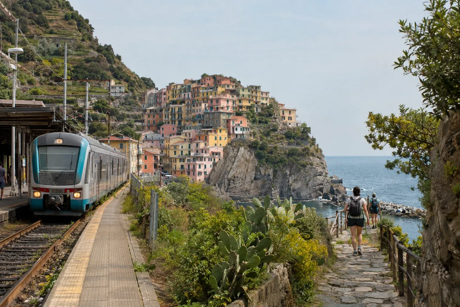 Treno fermo alla stazione di Manarola, sentiero costiero con escursionisti verso il borgo colorato