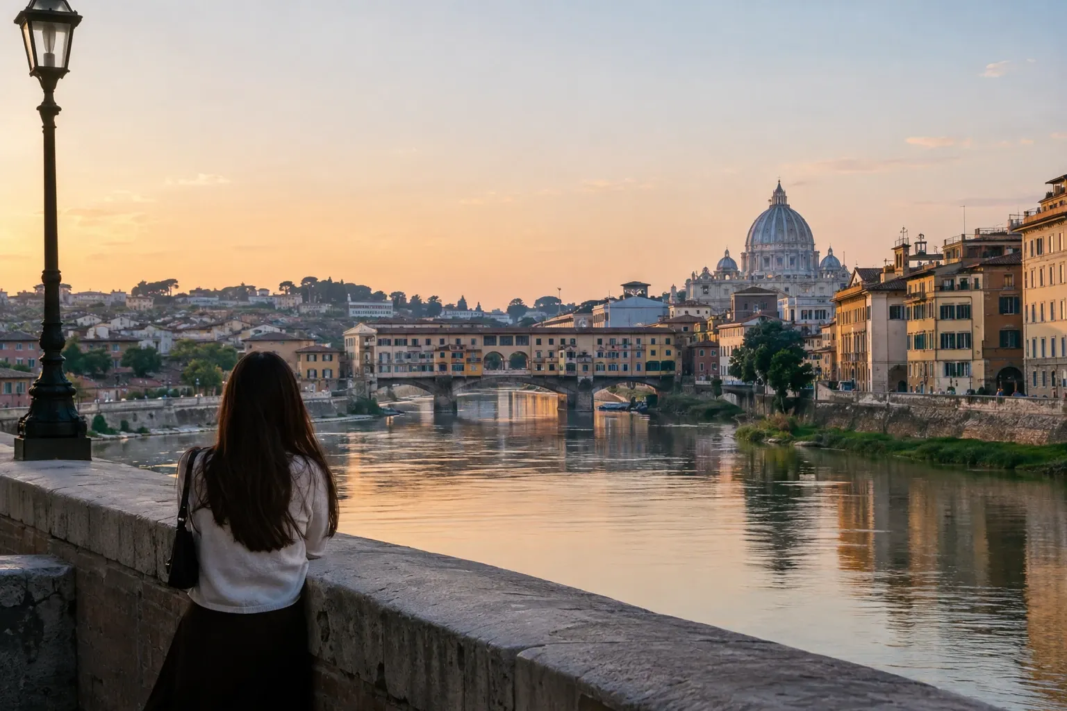 Donna in controluce sul Lungotevere che guarda il Tevere e la cupola di San Pietro al tramonto
