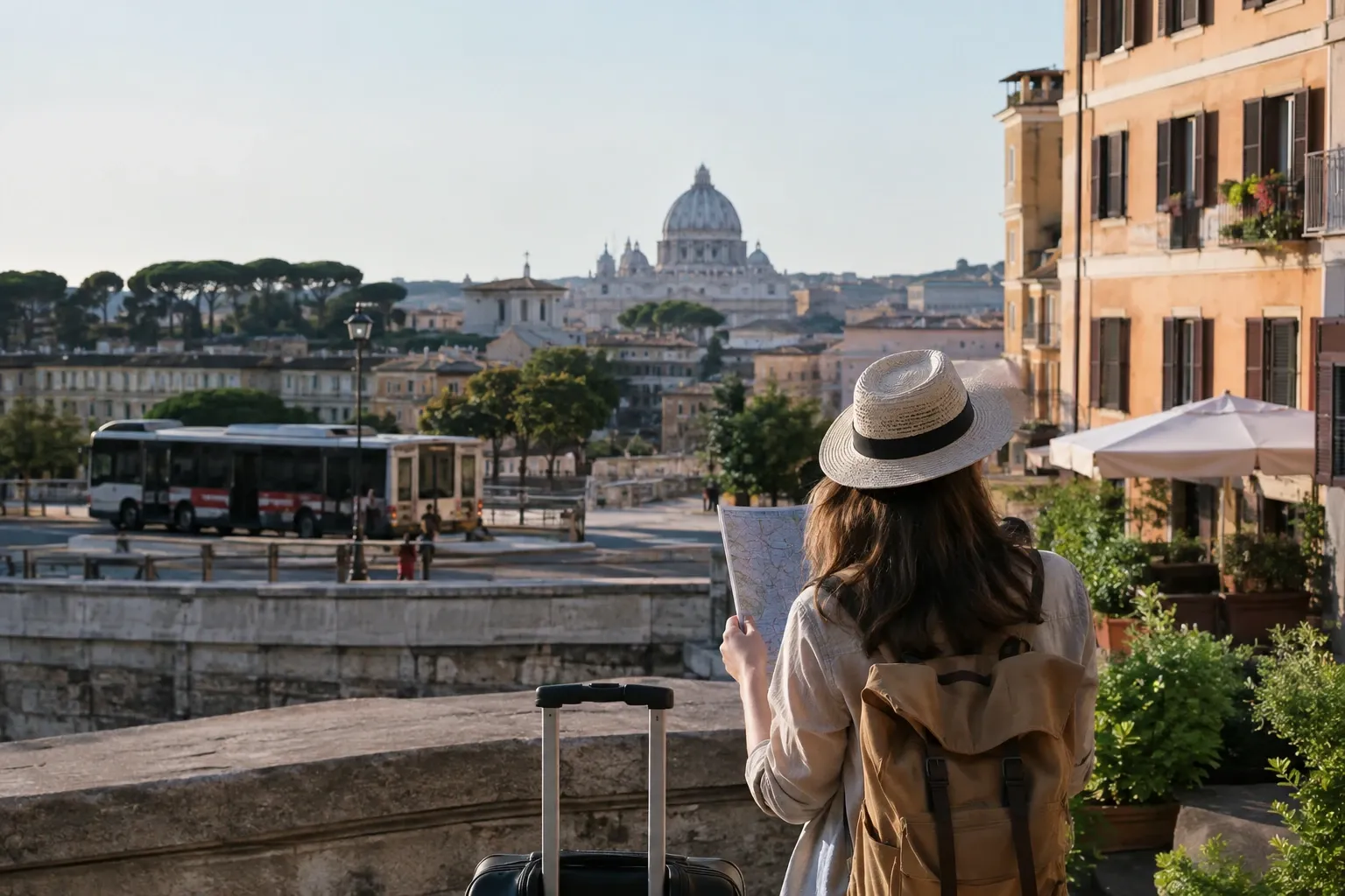 Turista con zaino e mappa, valigia, vista sulla cupola di San Pietro a Roma