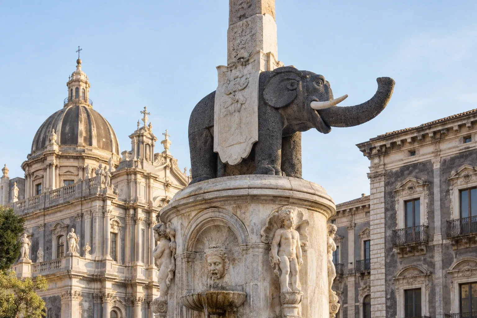 Fontana dell'Elefante con obelisco, cupola della Cattedrale alle spalle, luce serale
