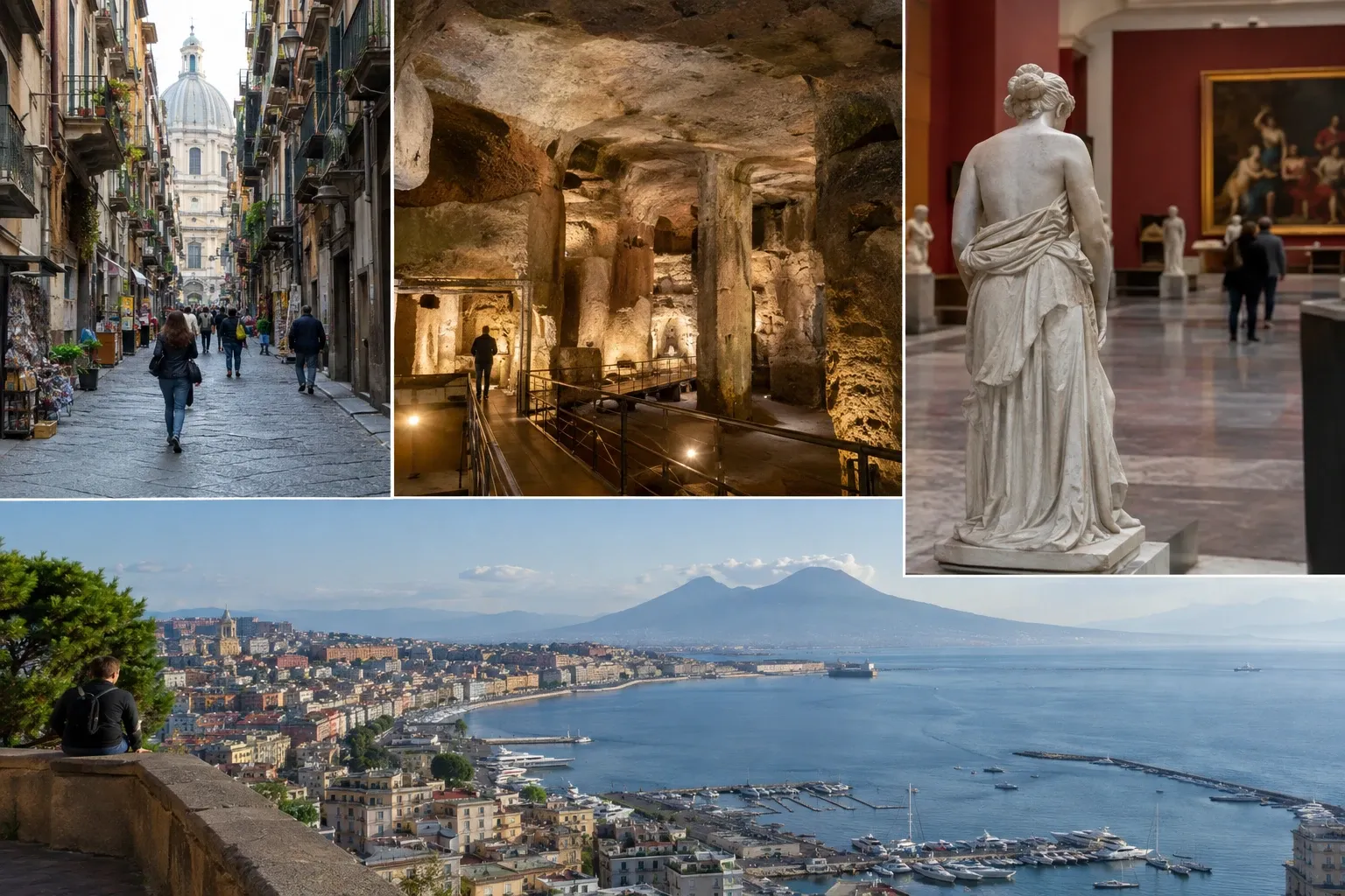 Collage: vicolo storico con persone, Napoli sotterranea illuminata, statua in museo, panorama del Golfo e Vesuvio