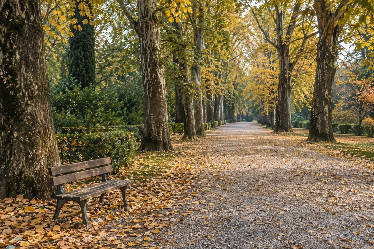 Viale alberato autunnale a Parma con panchina, foglie gialle sul sentiero