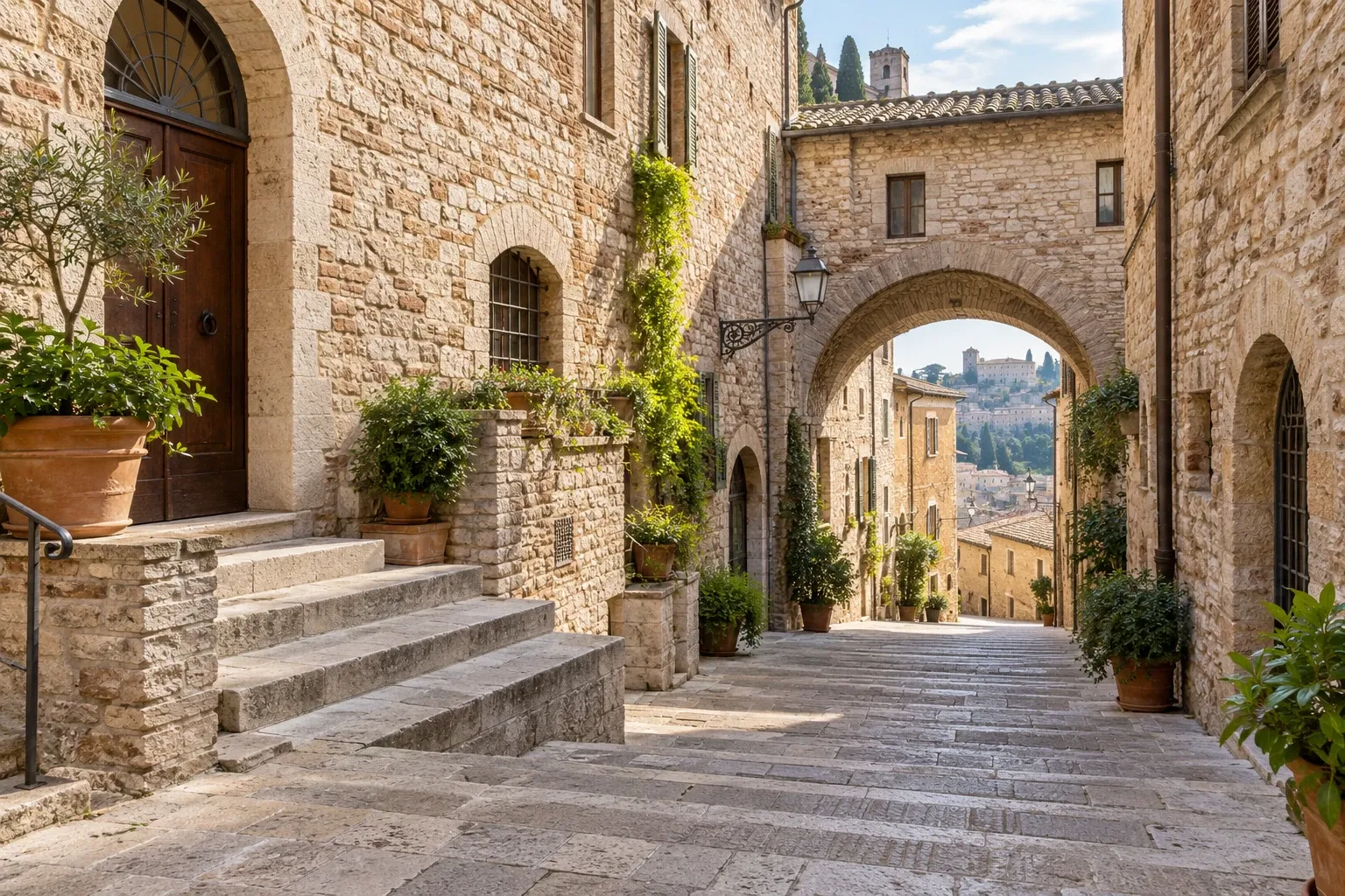 Vicoli lastricati di Perugia con archi in pietra, piante in vaso e luce calda del giorno