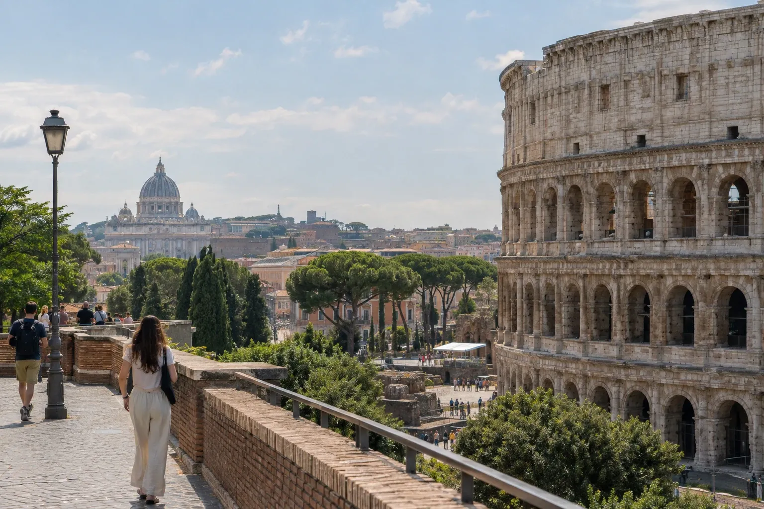 Turista che cammina su percorso panoramico con Colosseo a destra e cupola di San Pietro sullo sfondo