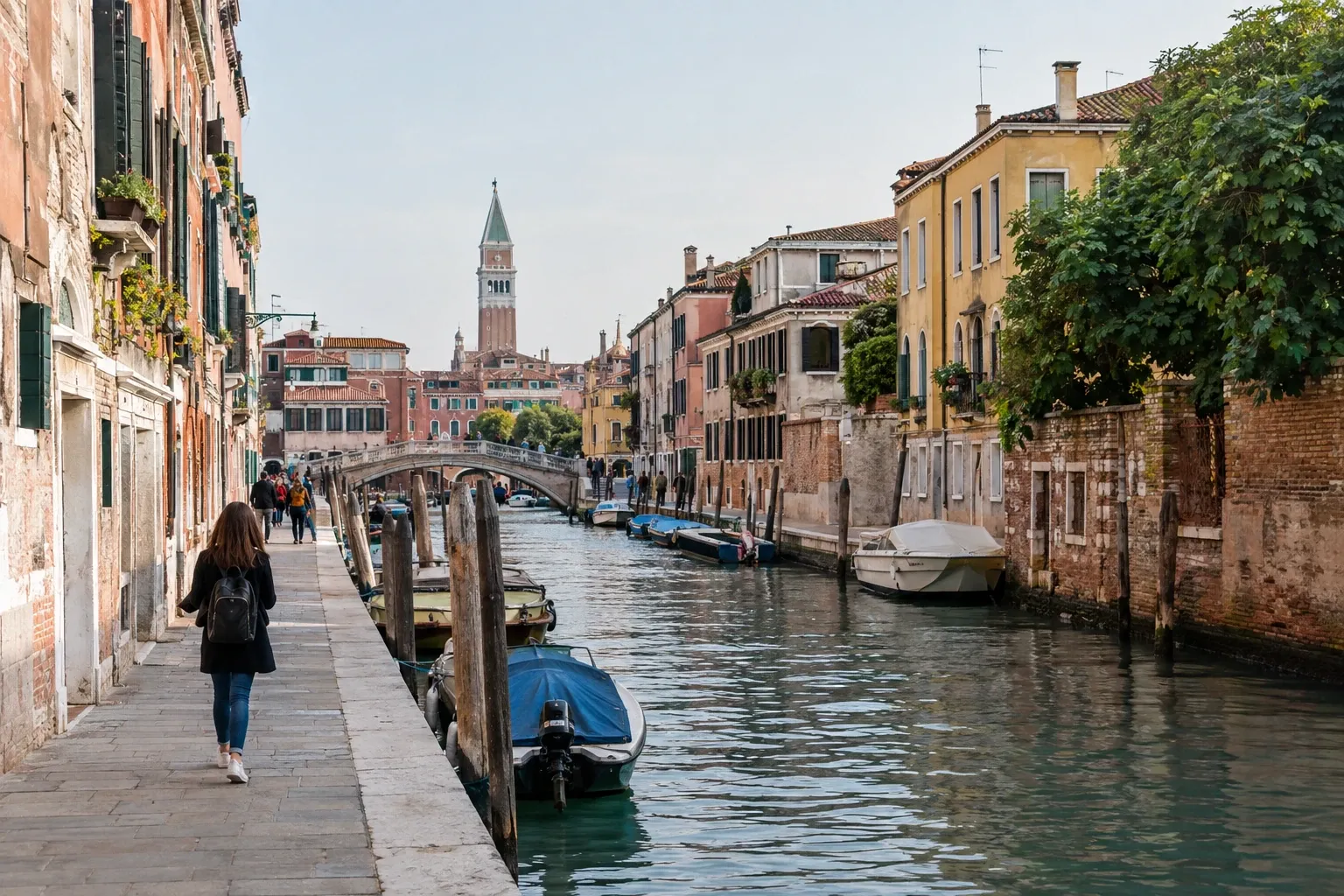 Canale veneziano con banchina, barche ormeggiate, passanti e campanile sullo sfondo
