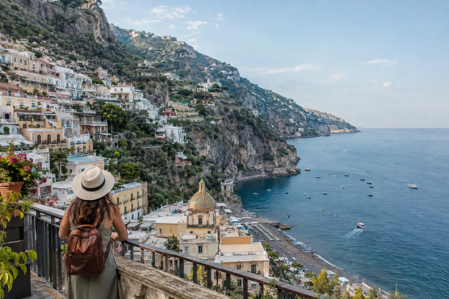 Donna con cappello e zaino che osserva panorama costiero di Positano e mare remoto