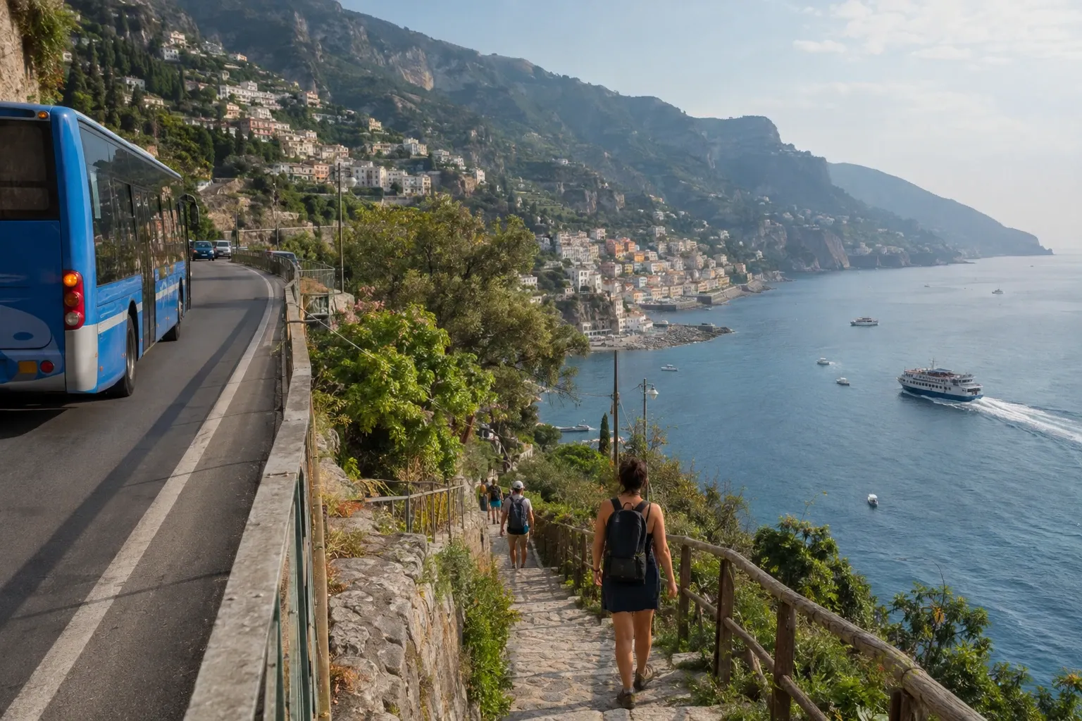 Turista con zaino scende sentiero costiero, bus a sinistra e traghetto sul mare