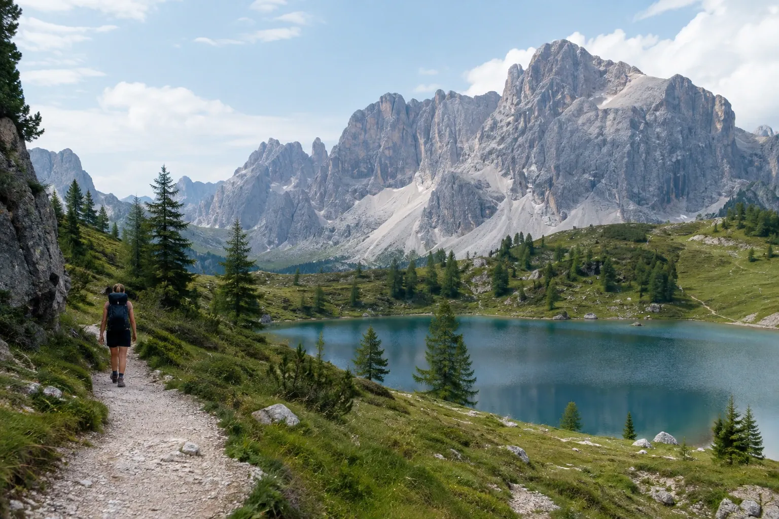 Escursionista con zaino su sentiero accanto a lago alpino e montagne dolomitiche
