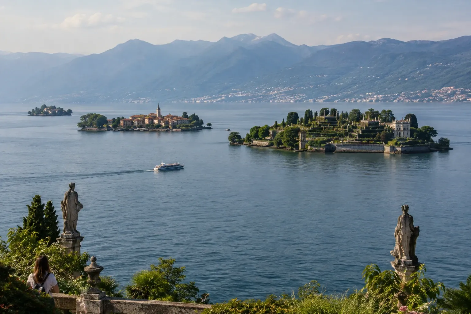 Veduta di Isola Bella e Isola dei Pescatori dal giardino con statue e barca sul lago