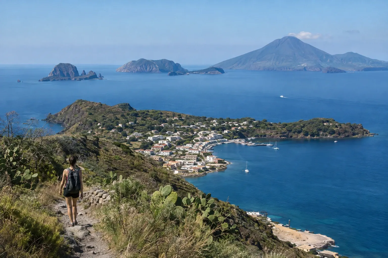 Camminatrice su sentiero costiero verso borgo e mare con isole vulcaniche sullo sfondo