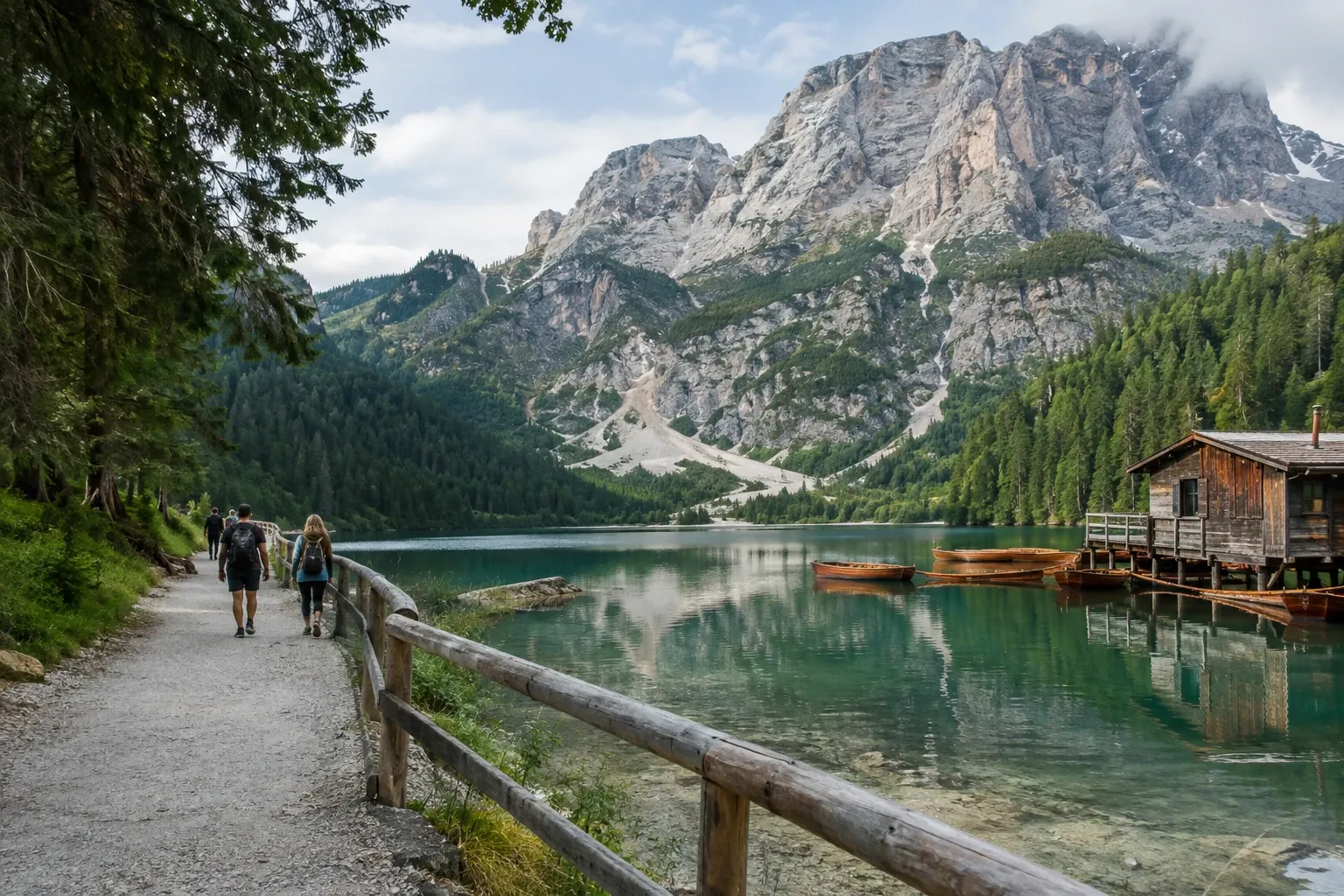Passeggiata lungo il sentiero del Lago di Braies con barche e baita sullo specchio d'acqua