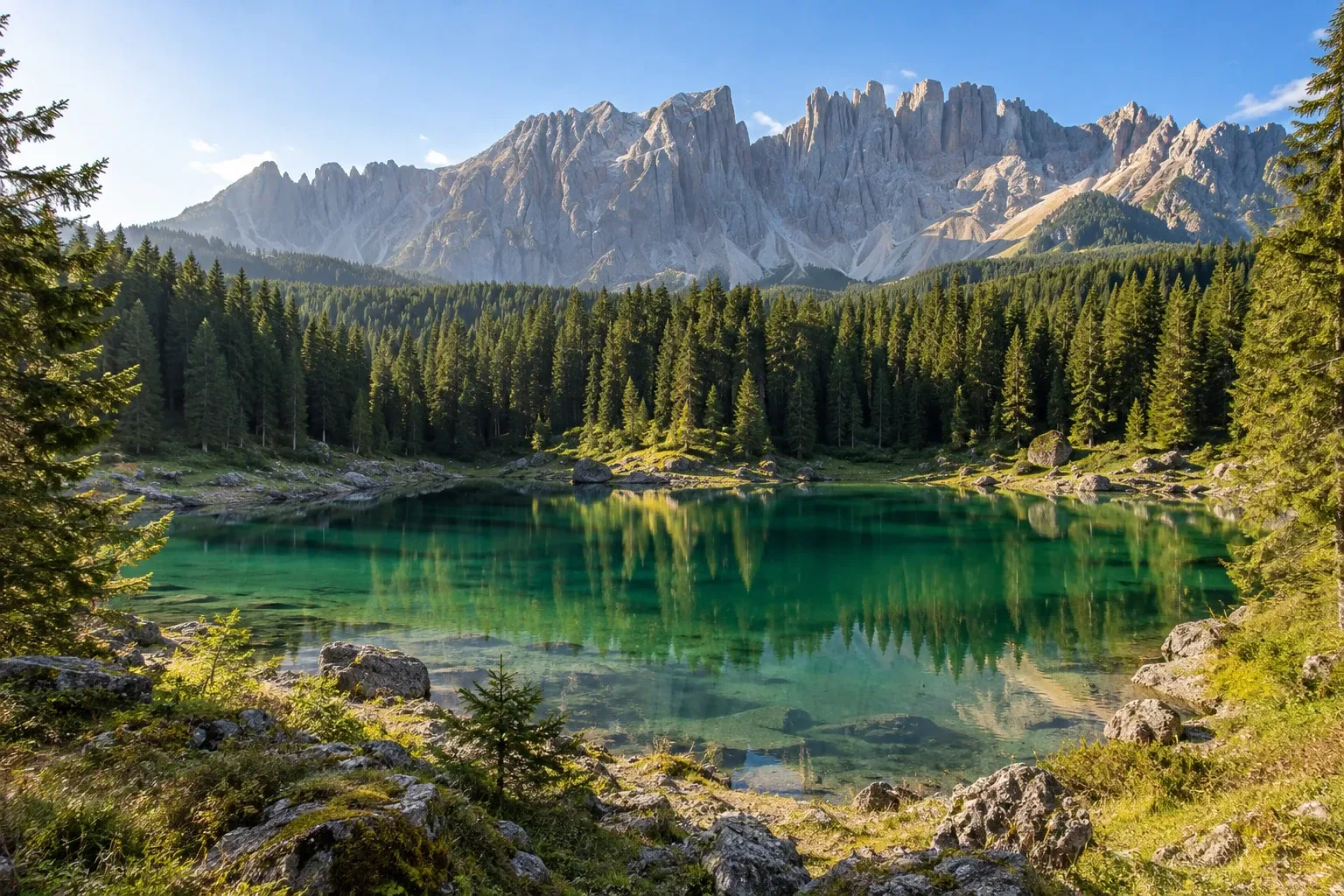 Lago di Carezza con acqua verde smeraldo, foresta di conifere e Dolomiti sullo sfondo