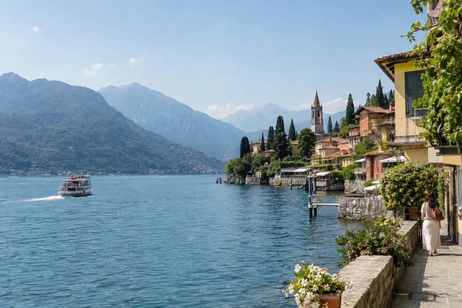 Battello sul lago davanti a borgo con chiesa, passeggiata fiorita e montagne sullo sfondo