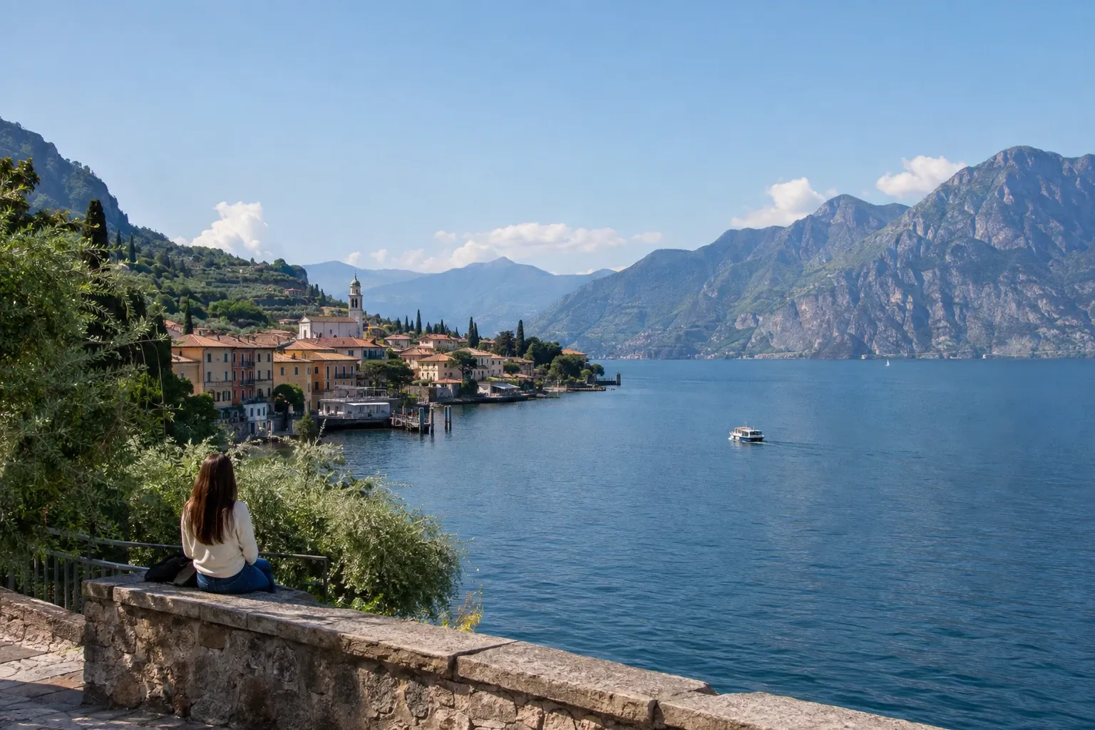 Donna seduta su muretto guarda paese sul Lago di Garda, barca e montagne sullo sfondo