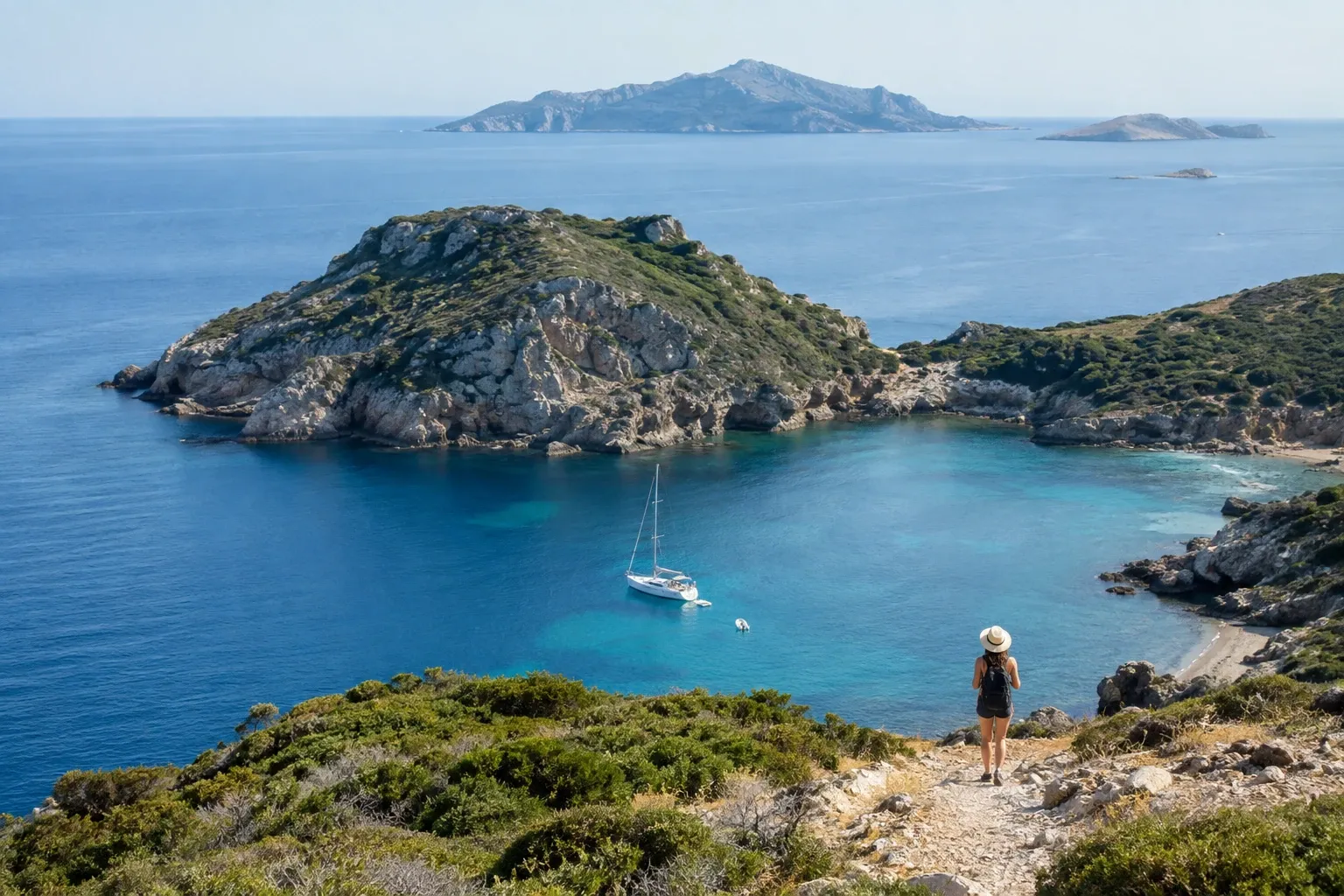 Donna con cappello che osserva insenatura rocciosa e barca a vela in acqua turchese