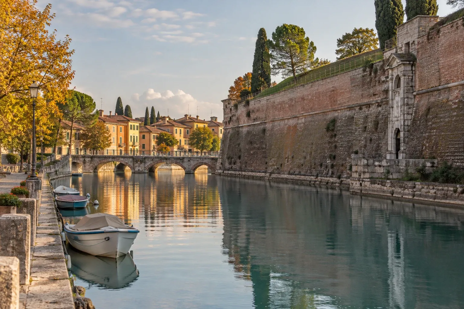 Lungolago a Peschiera con barche attraccate, mura storiche e ponte riflessi nell'acqua