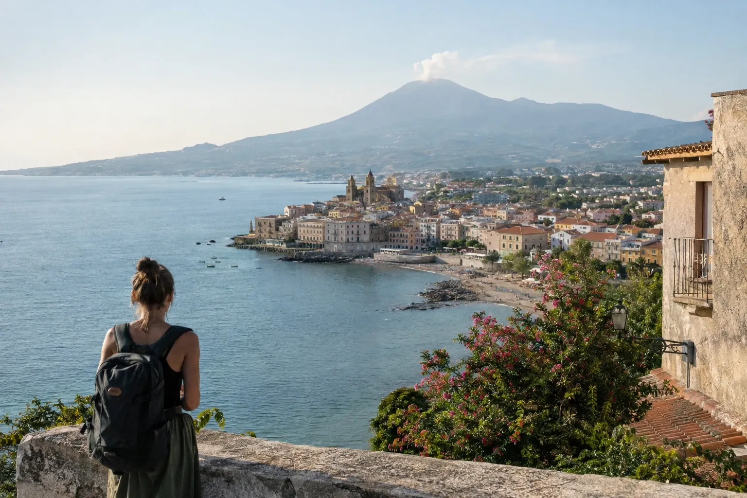 Donna con zaino osserva la costa di Cefalù e il vulcano Etna sullo sfondo al mattino