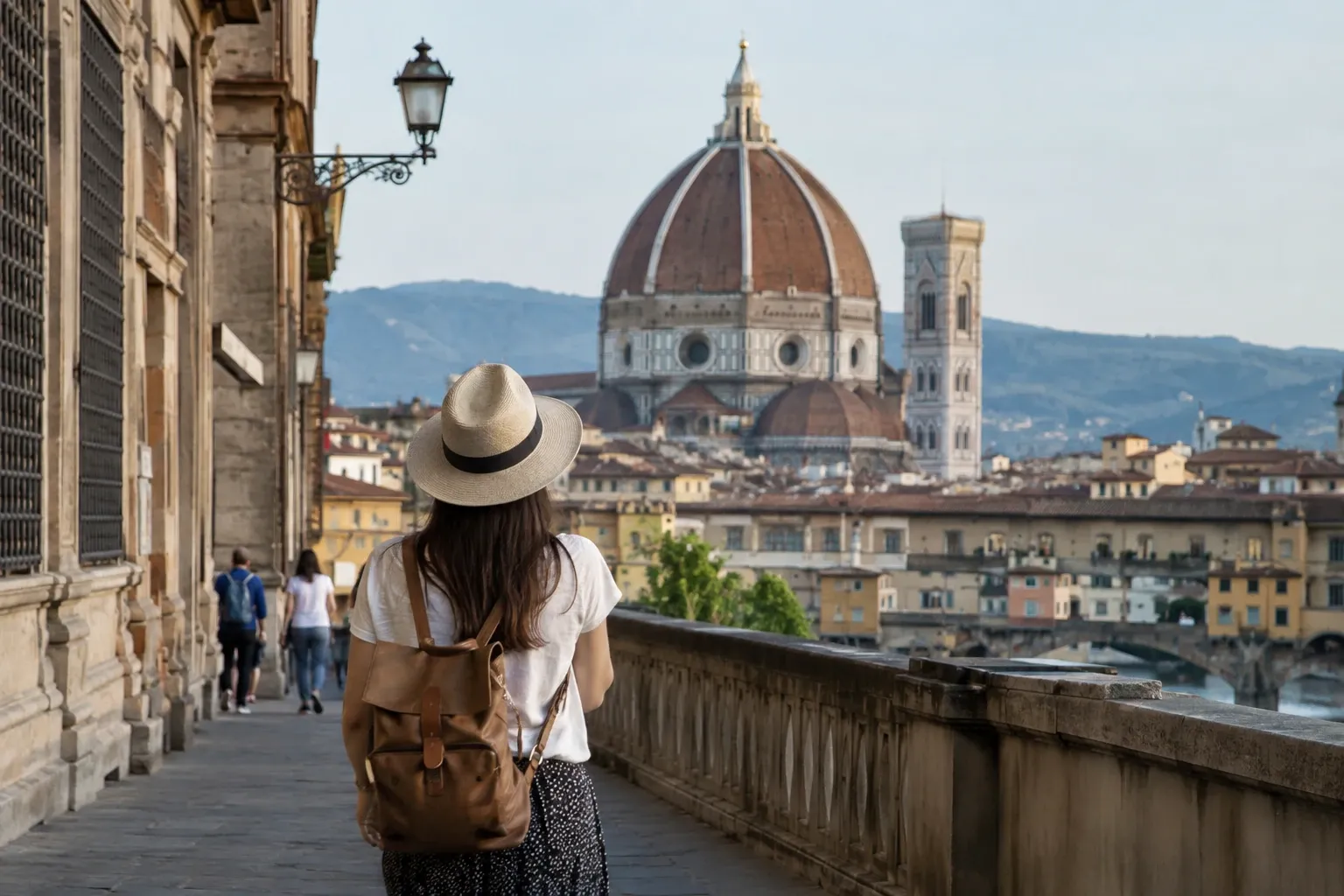 Turista con cappello e zaino guarda il Duomo di Firenze dal lungarno al tramonto