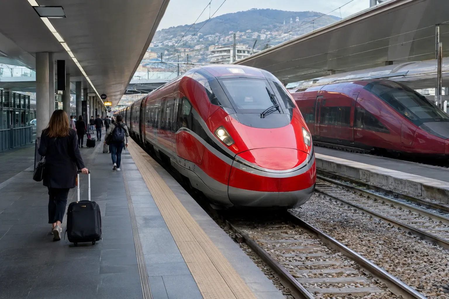 Frecciarossa rosso fermo al binario in stazione con viaggiatori e valigie sul marciapiede